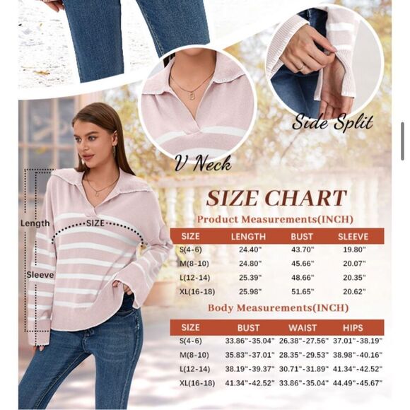 NEW Blue V Neck Striped Oversized Collared Chunky Knit Pullover Sweater m - Picture 4 of 7